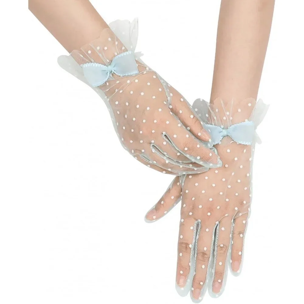 Women's Blue Short Polka Dot Lace Bow Mesh Party Wedding Bridal Gloves Prom